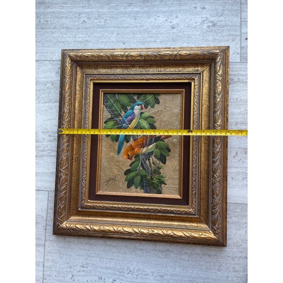 Vintage Gris Painting on Silk Artist Signed Exotic Tropical Birds Thailand Gold - Picture 7 of 7